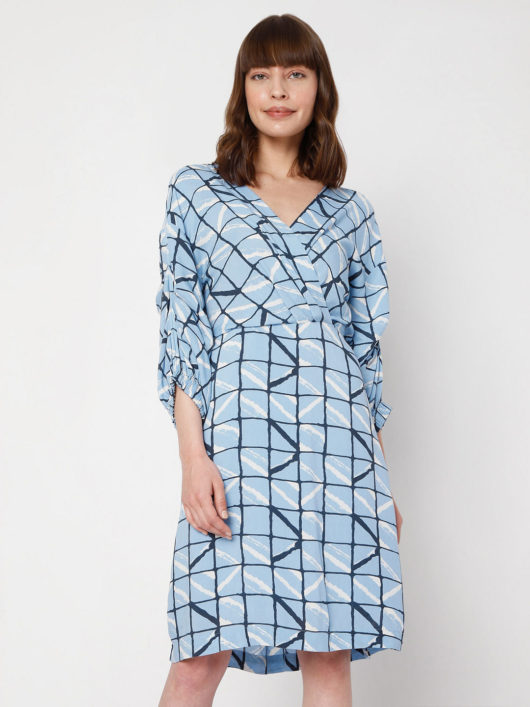 Blue Checked Wrap Dress