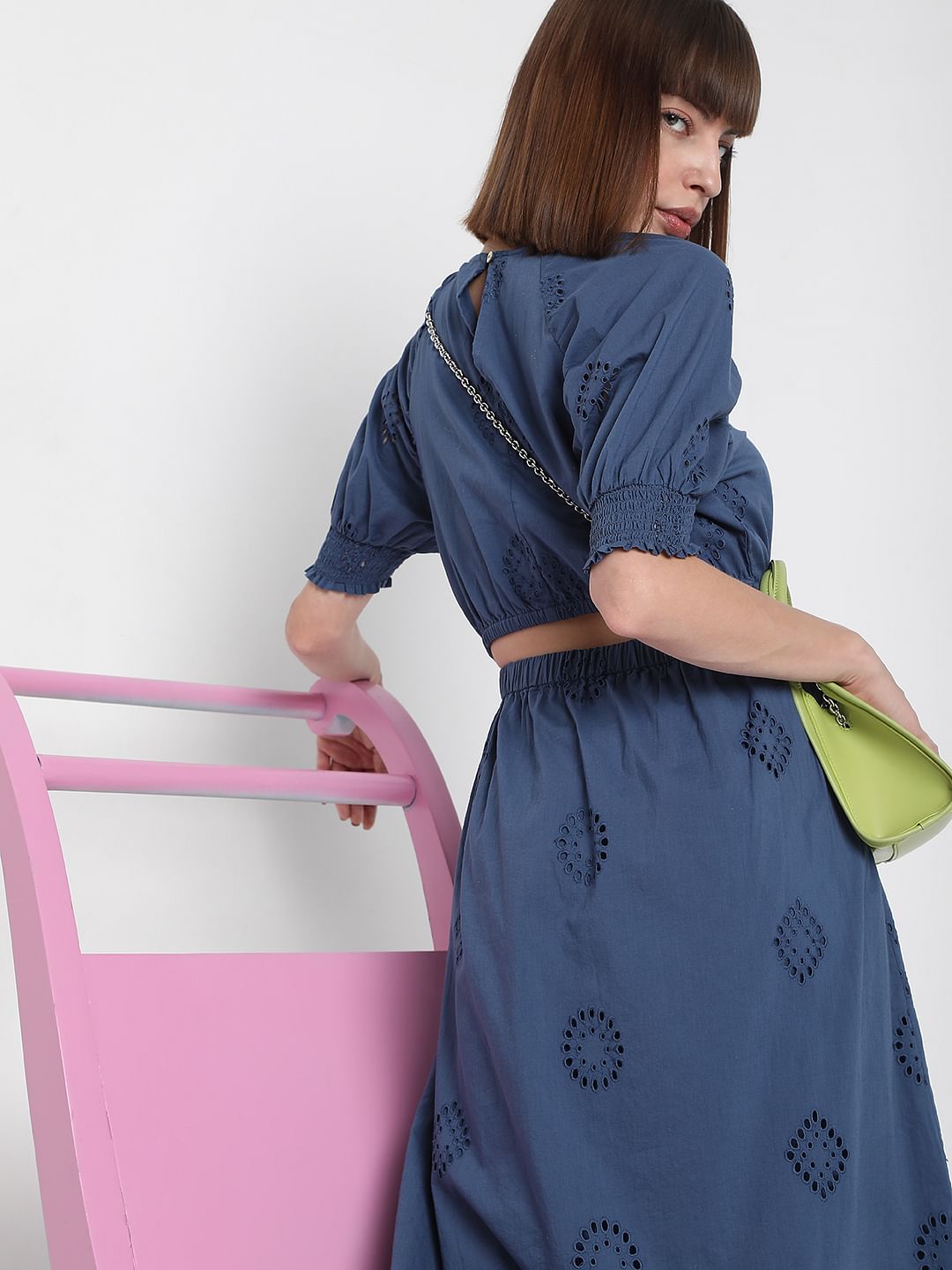 Blue Schiffli Embroidered Midi Dress