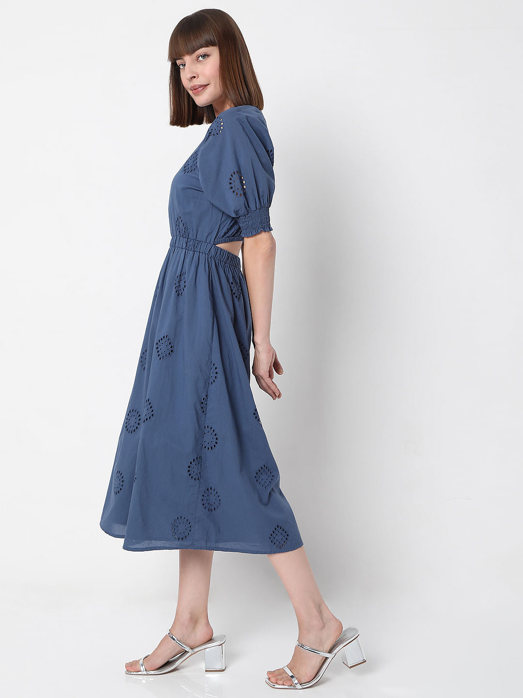Blue Schiffli Embroidered Midi Dress