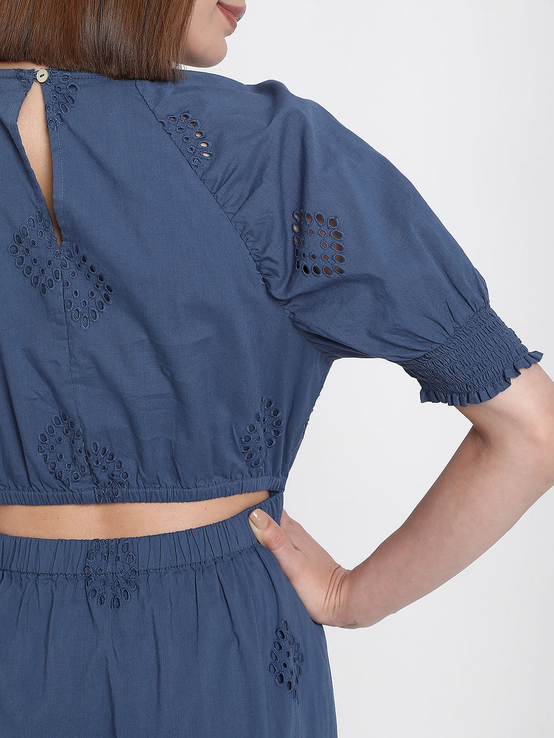 Blue Schiffli Embroidered Midi Dress