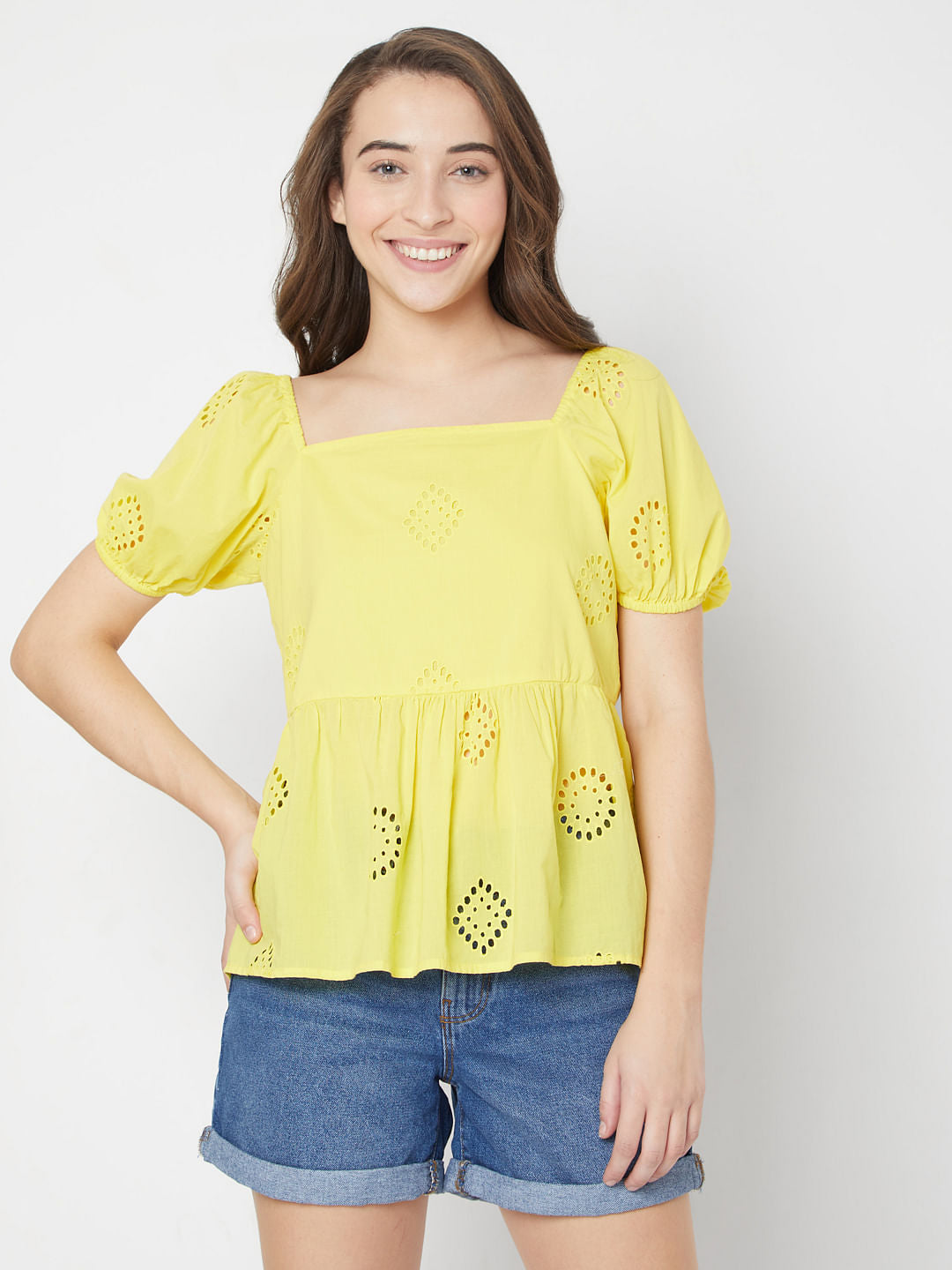 Yellow Schiffli Embroidered Top
