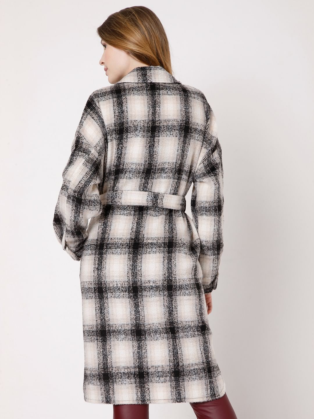 Beige & Black Check Winter Coat