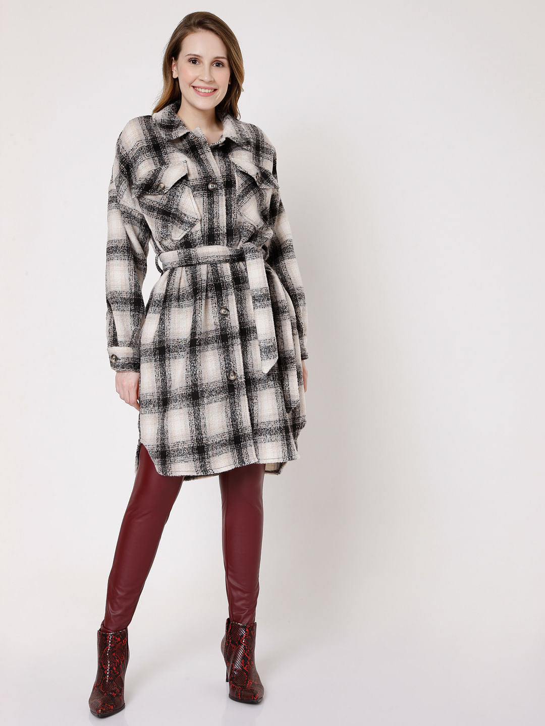 Beige & Black Check Winter Coat