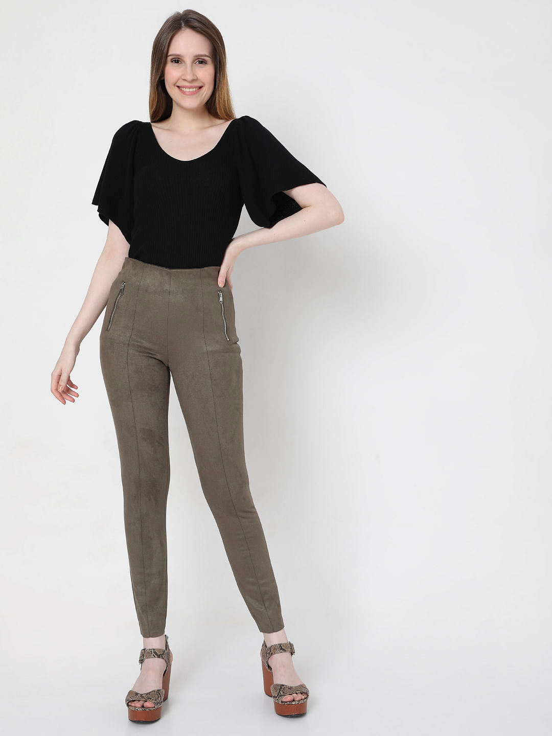 Grey High Rise Faux Suede Leggings