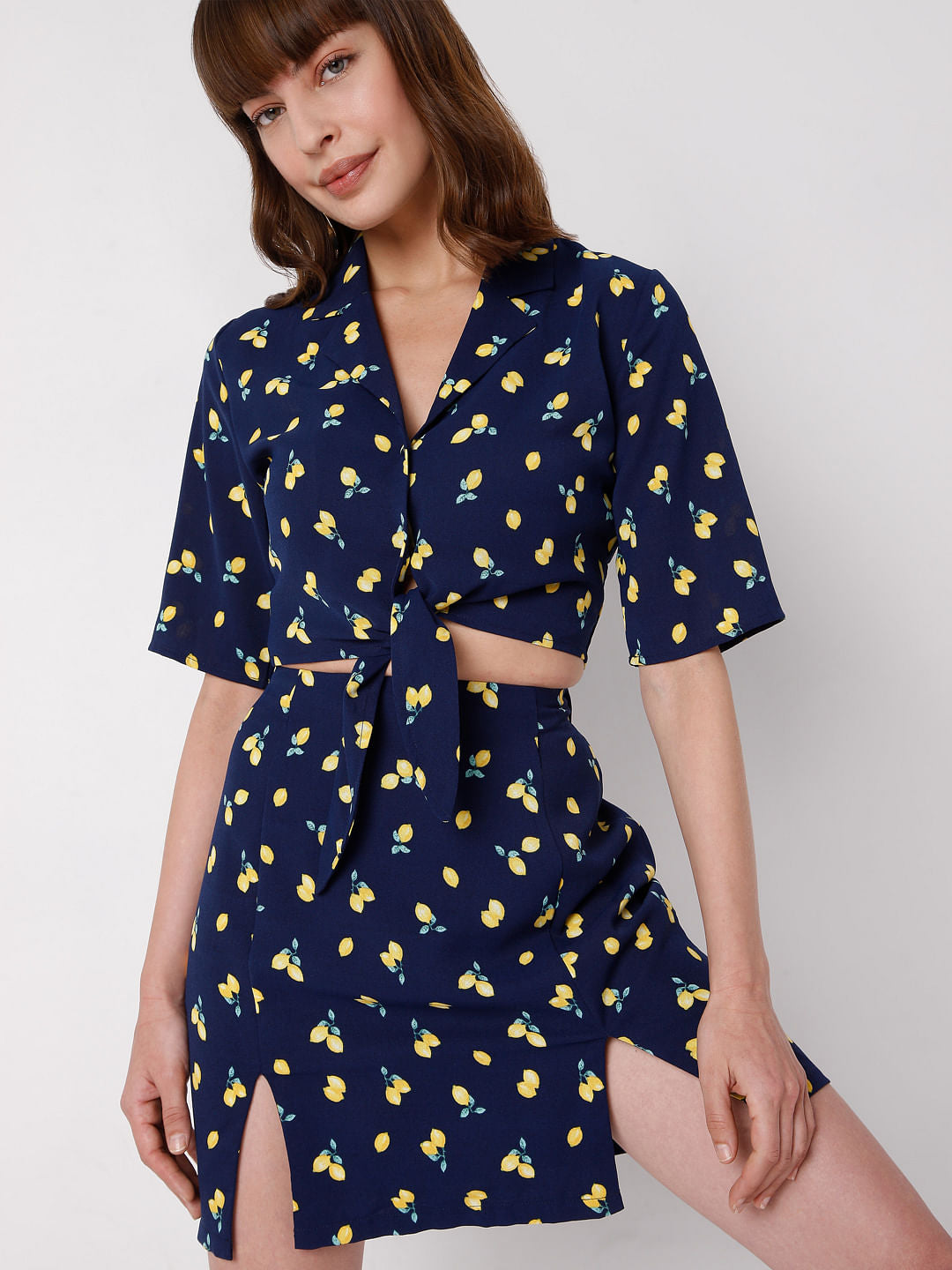 Blue Printed Cropped Co-Ord Set Shirt