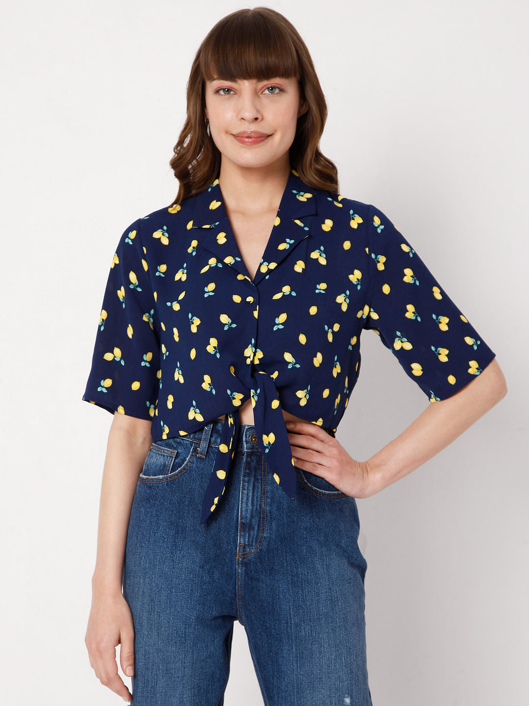 Blue Printed Cropped Co-Ord Set Shirt