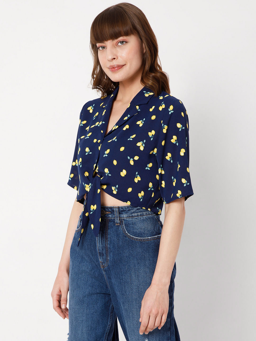 Blue Printed Cropped Co-Ord Set Shirt