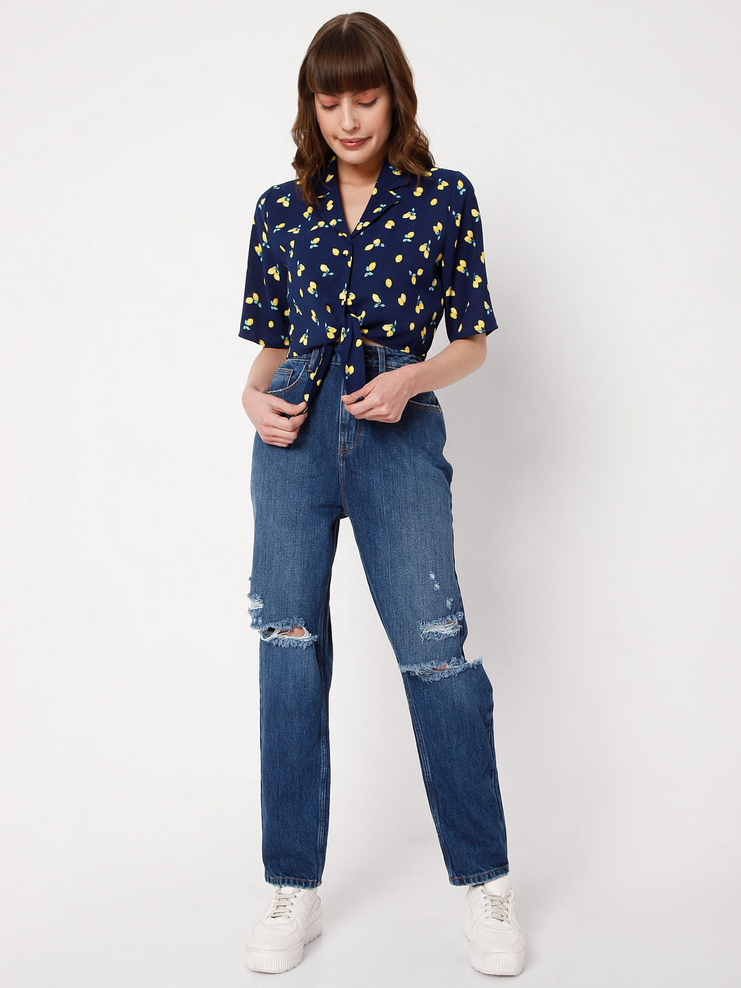 Blue Printed Cropped Co-Ord Set Shirt