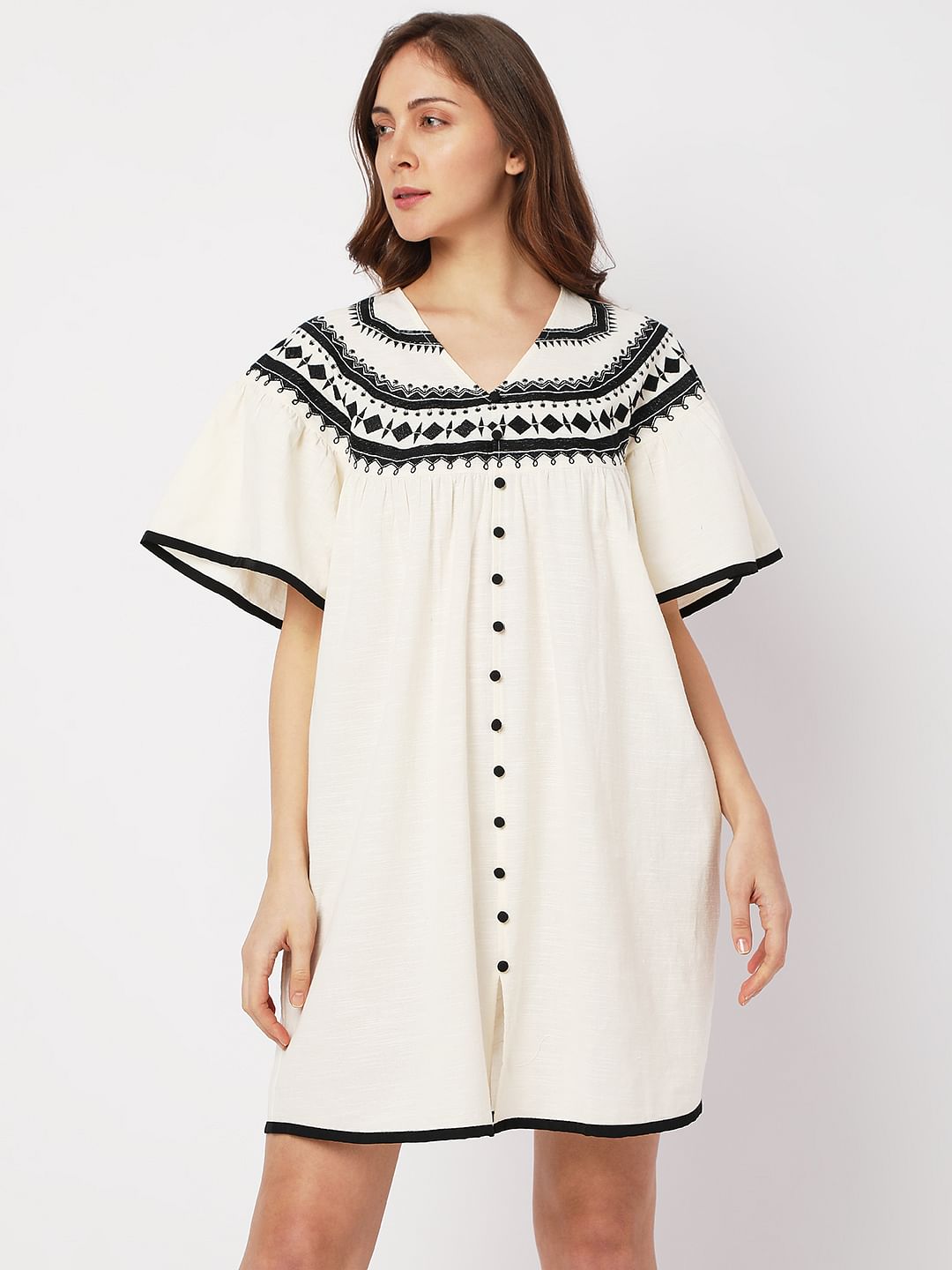 Beige Boho Embroidered Shift Dress