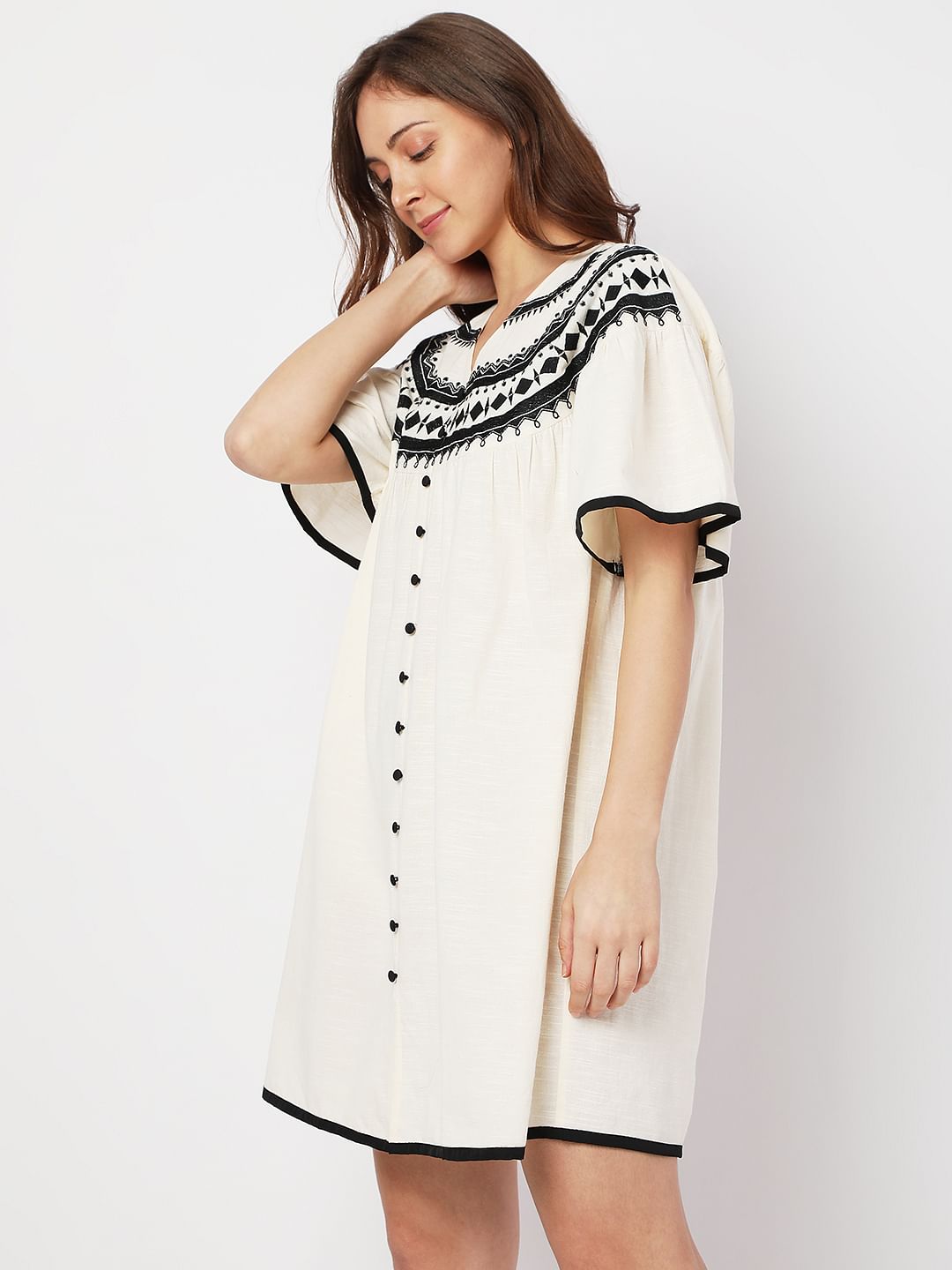 Beige Boho Embroidered Shift Dress