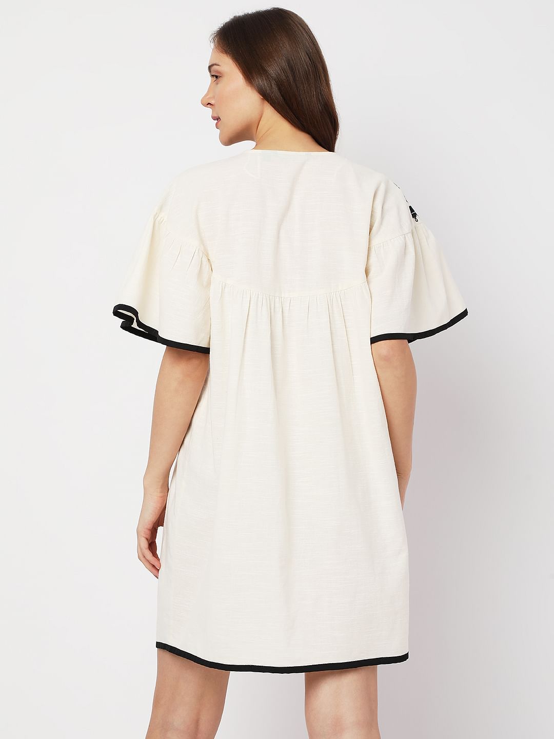 Beige Boho Embroidered Shift Dress