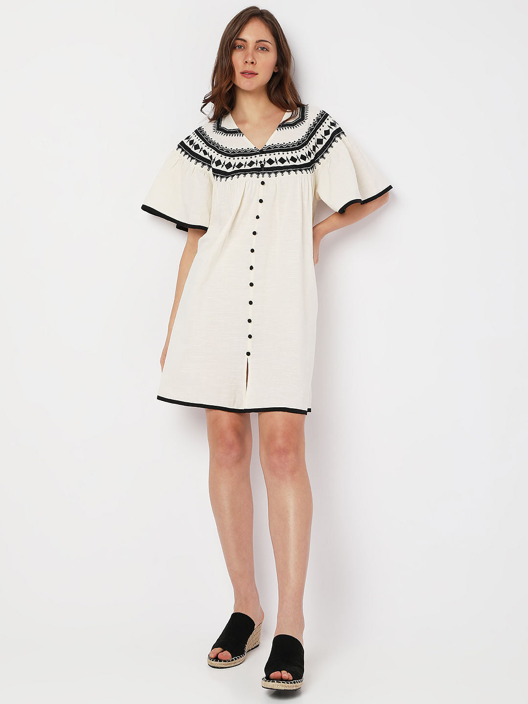 Beige Boho Embroidered Shift Dress