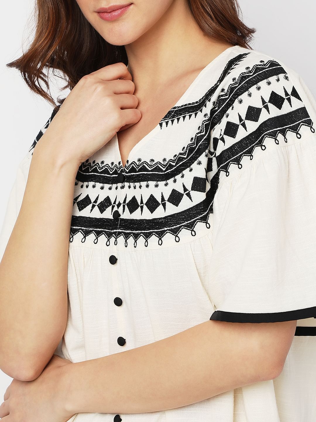 Beige Boho Embroidered Shift Dress