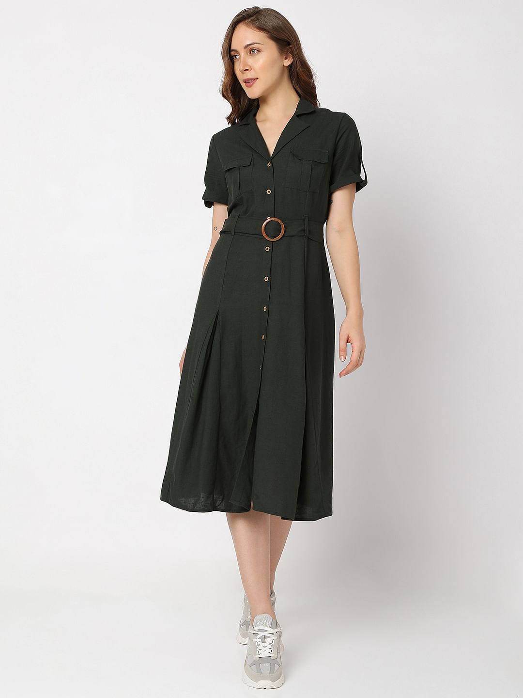 Green Utility Midi Shirt Dress