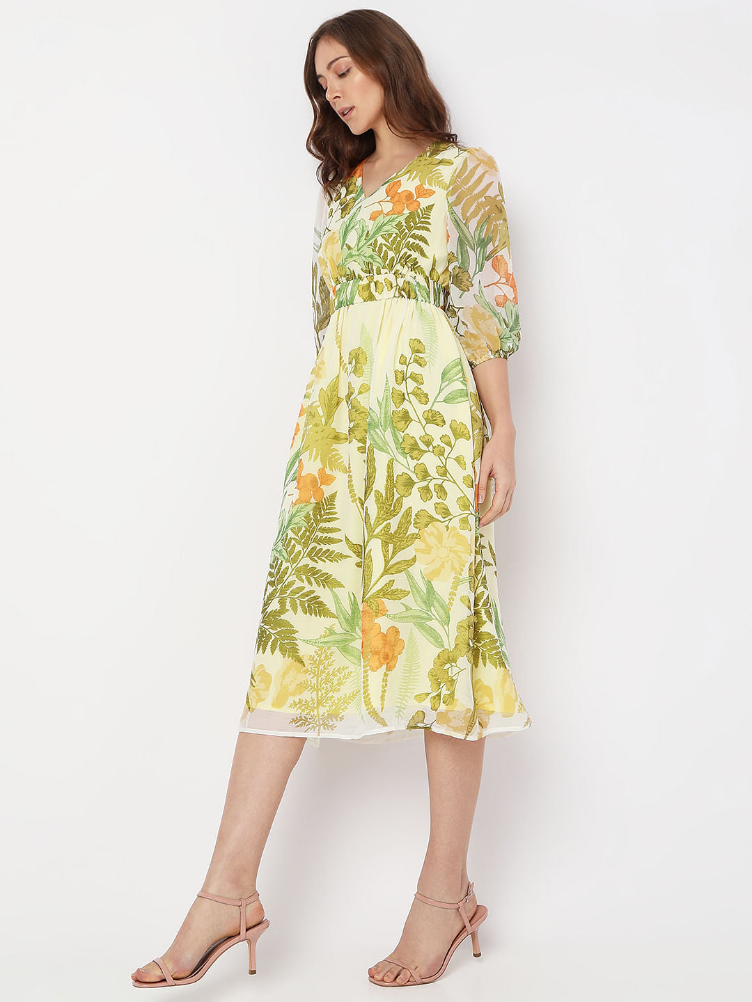 Green Tropical Print Midi Dress