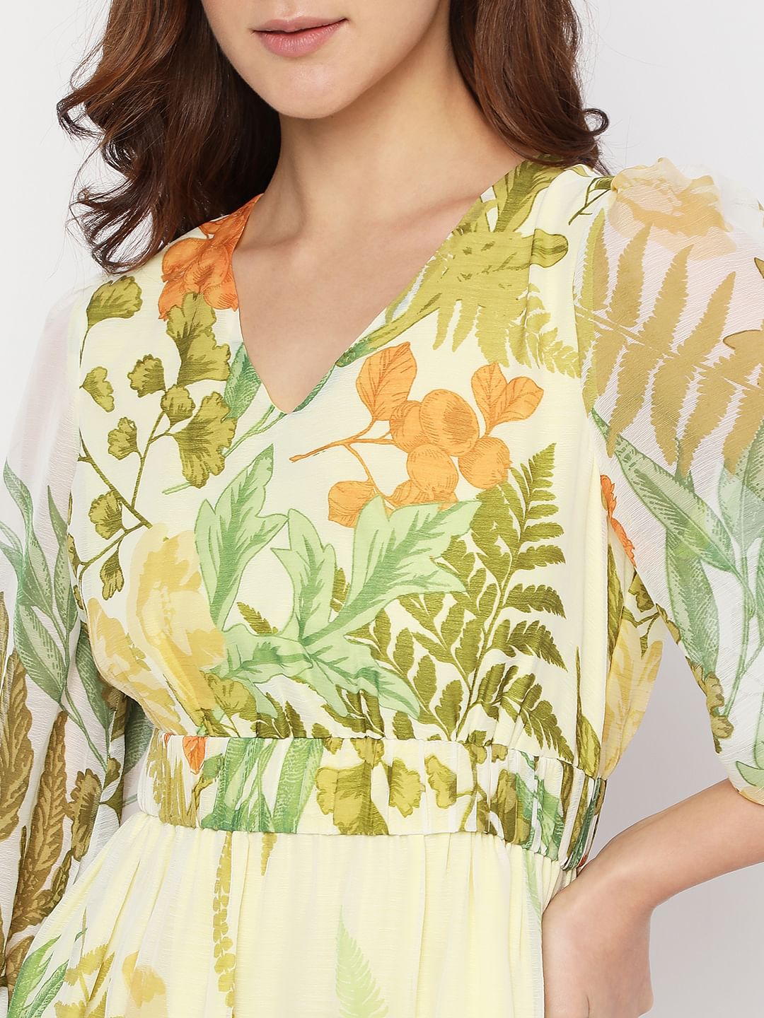 Green Tropical Print Midi Dress