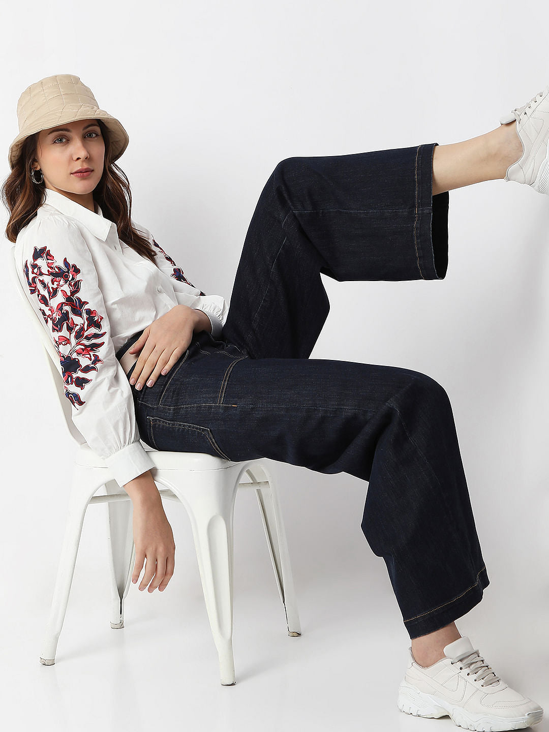 White Floral Embroidered Shirt