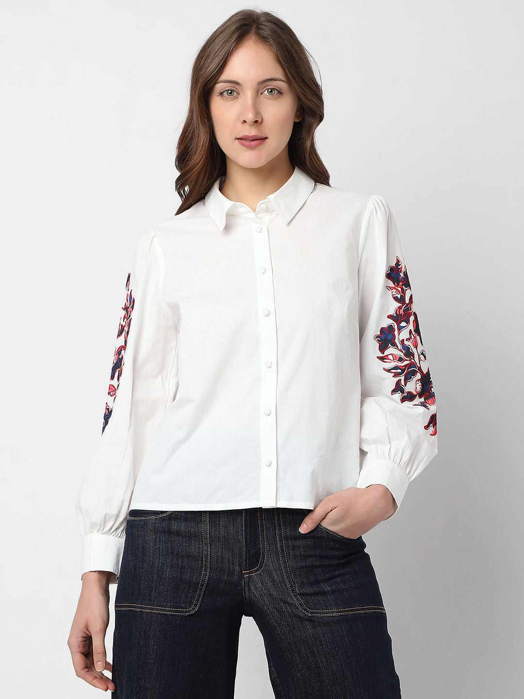 White Floral Embroidered Shirt
