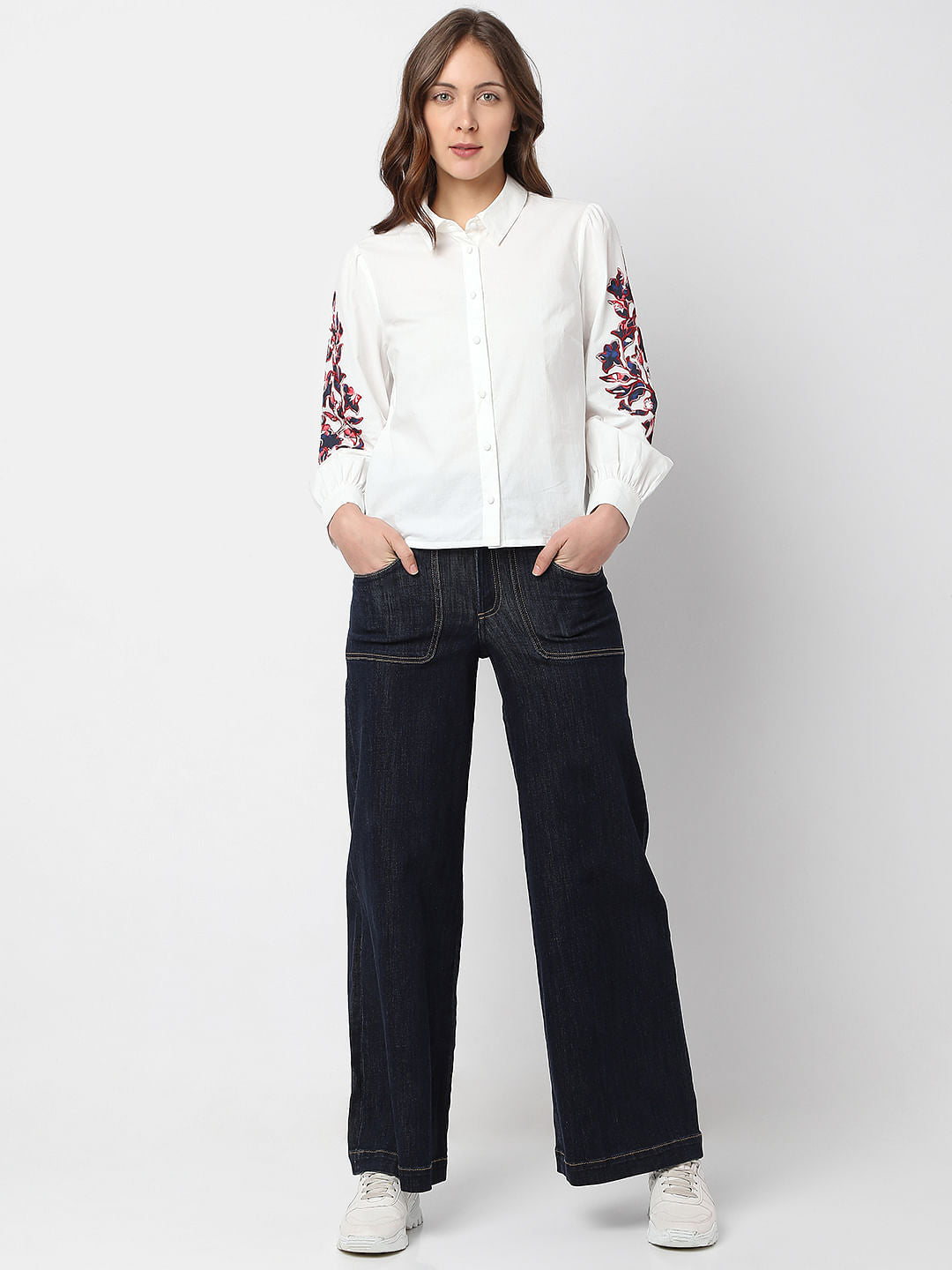 White Floral Embroidered Shirt