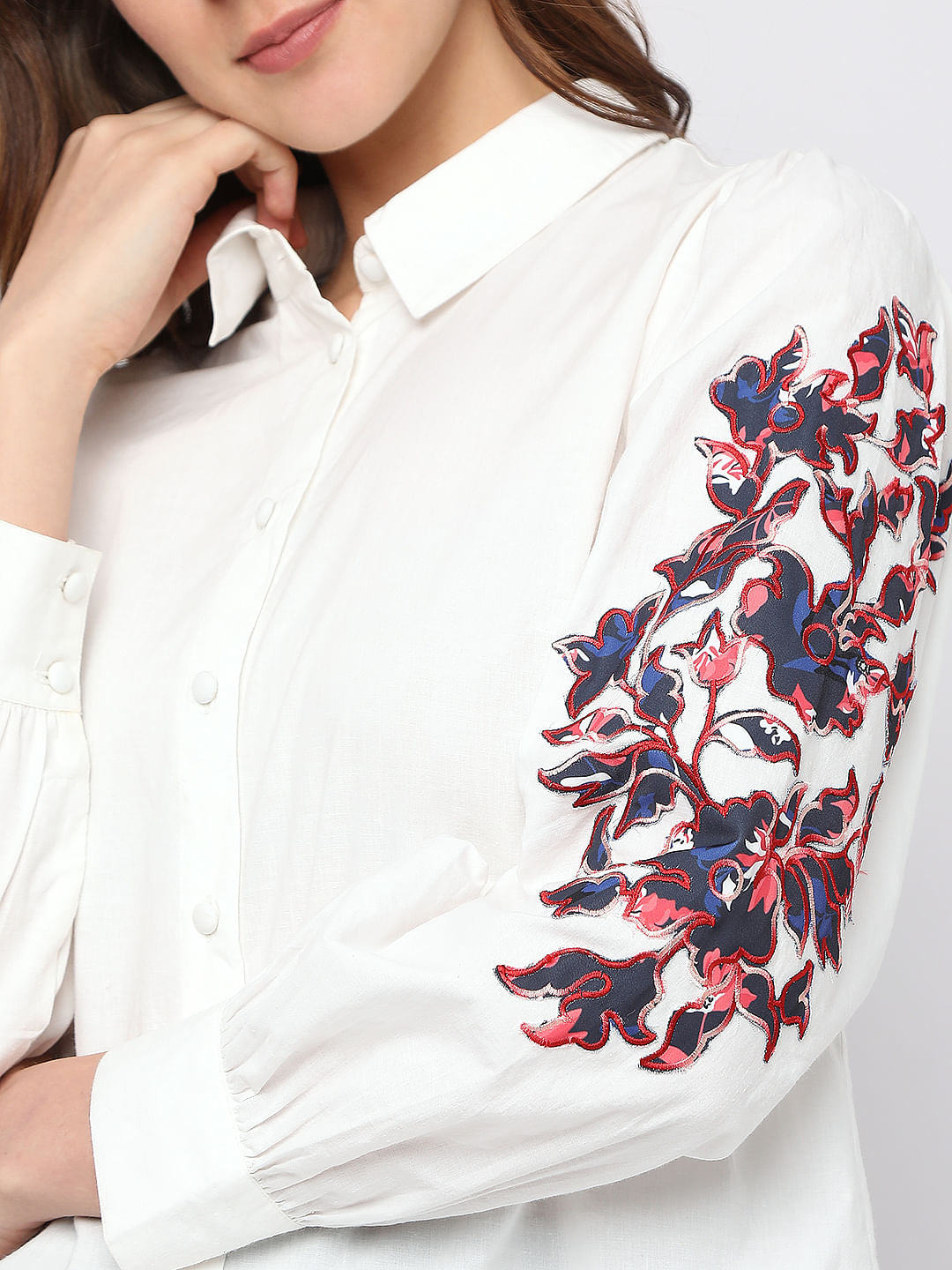 White Floral Embroidered Shirt