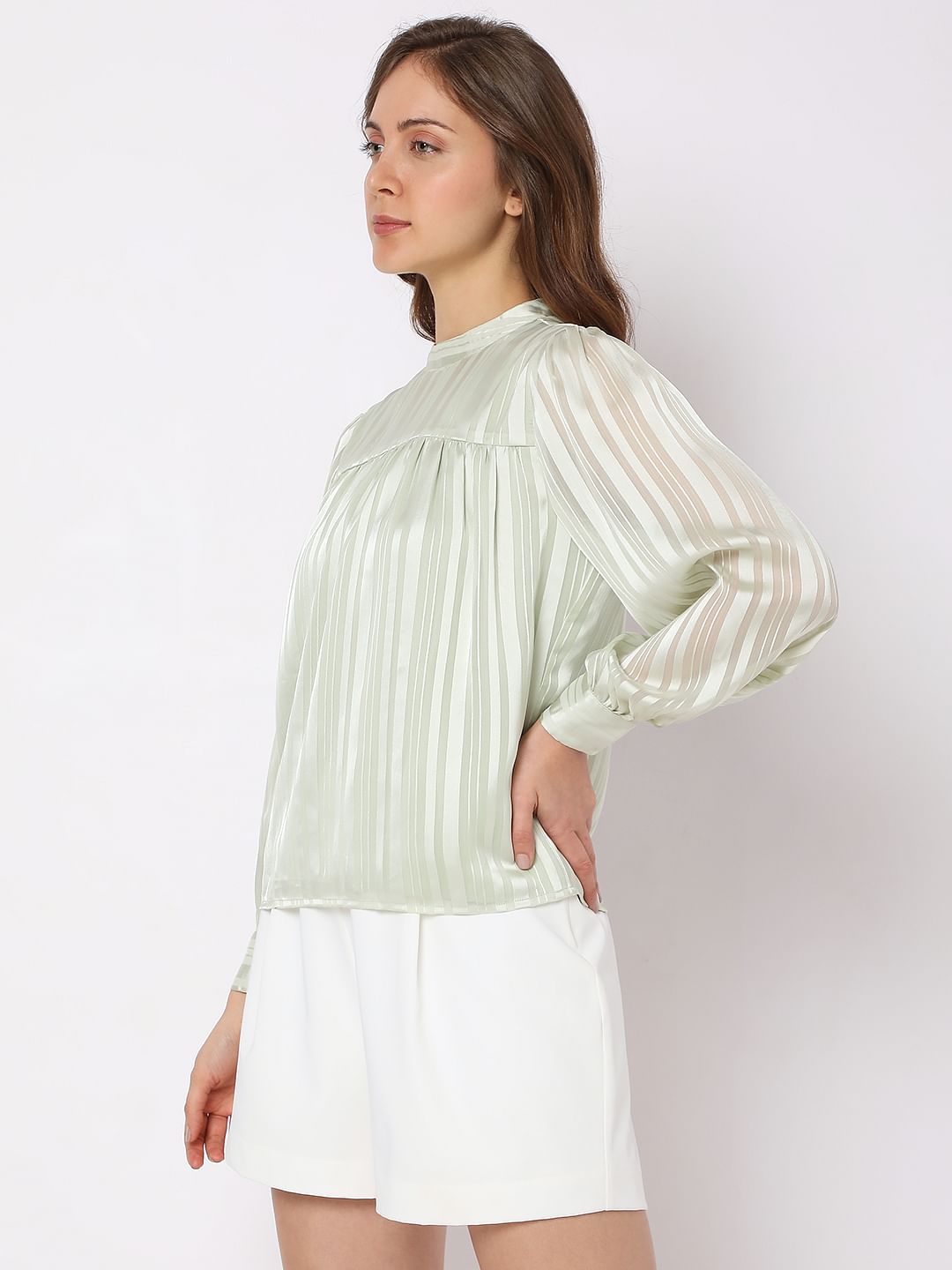 Vero Mdoa Green Satin Striped Top