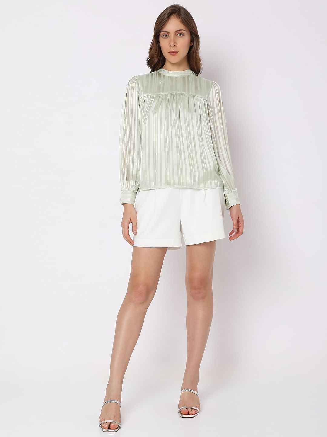 Vero Mdoa Green Satin Striped Top