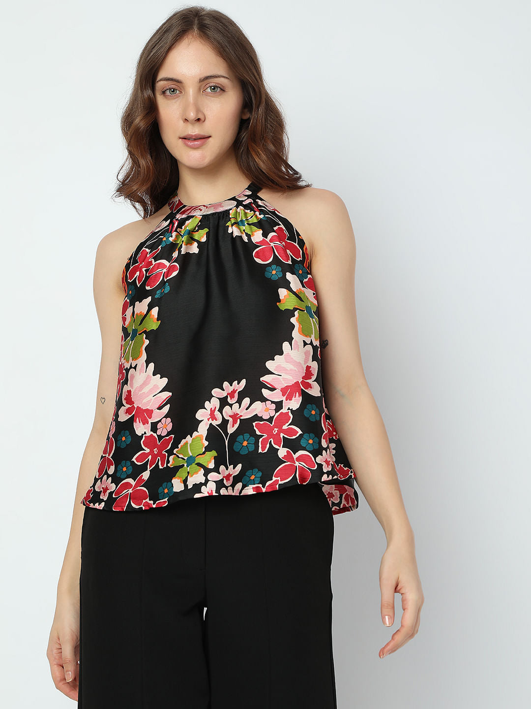 Black Floral Satin Halter Neck Top