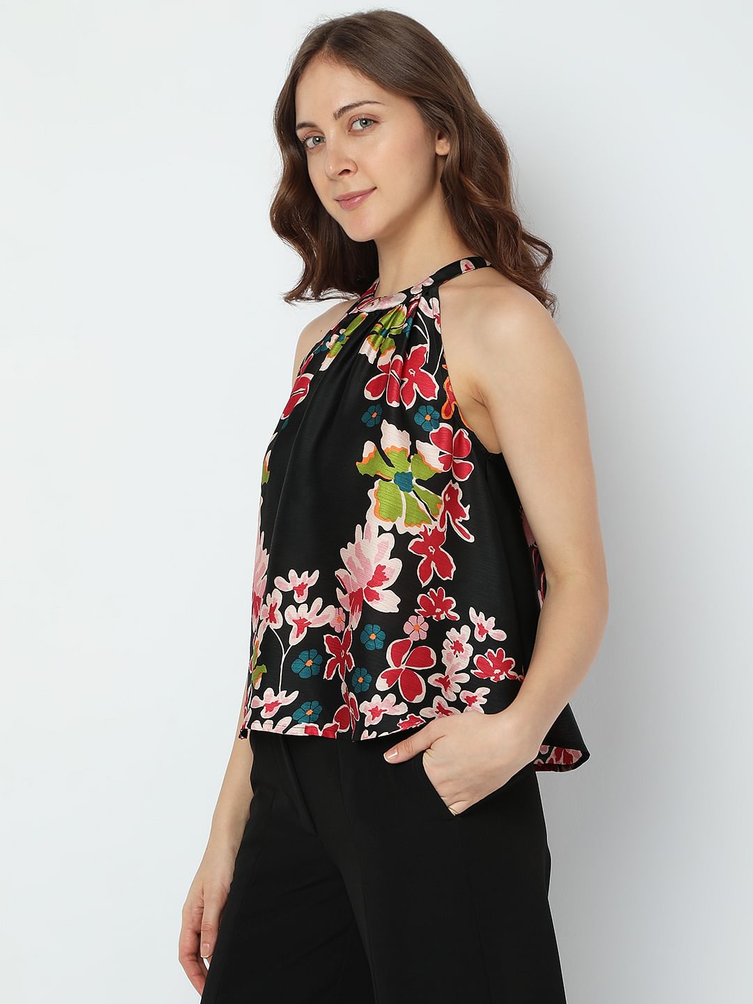 Black Floral Satin Halter Neck Top