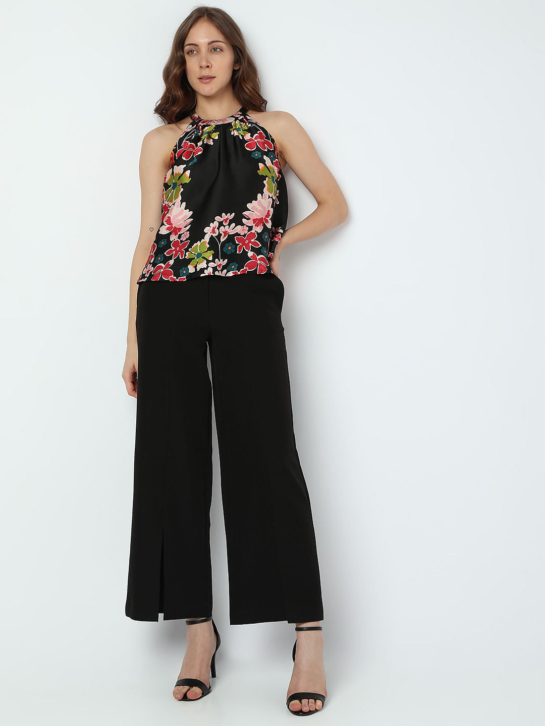 Black Floral Satin Halter Neck Top