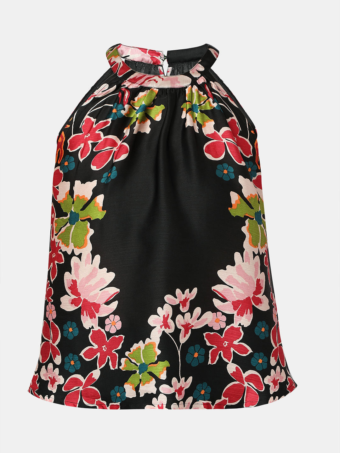 Black Floral Satin Halter Neck Top