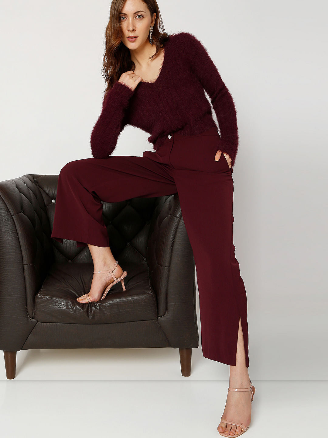 Maroon High Rise Wide Leg Co-Ord Set Pants