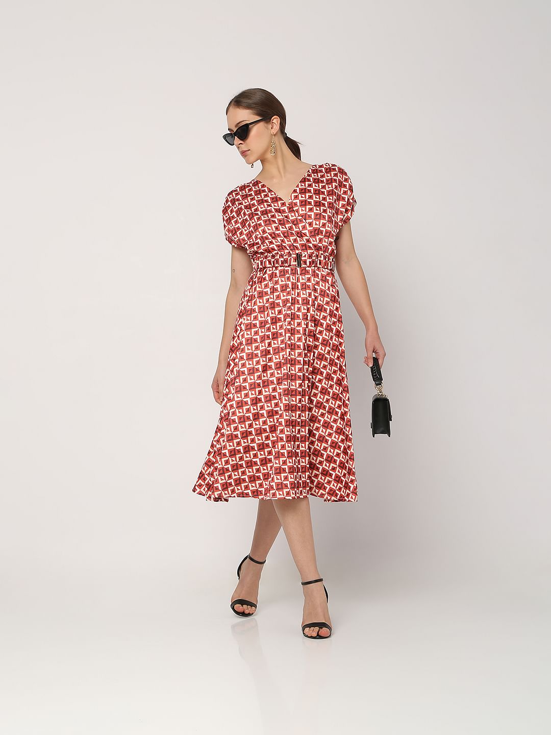 Maroon Printed Midi Dress