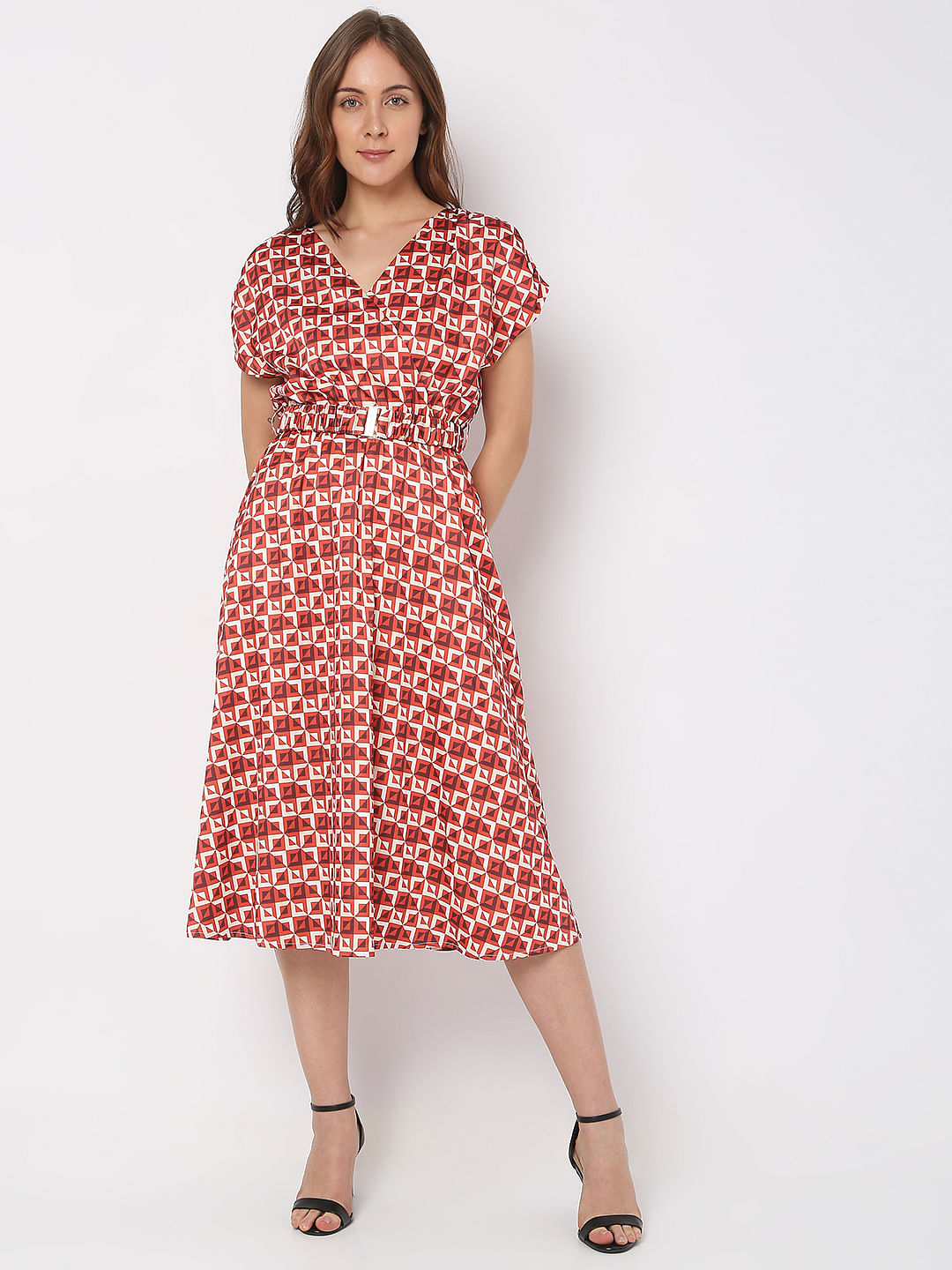 Maroon Printed Midi Dress