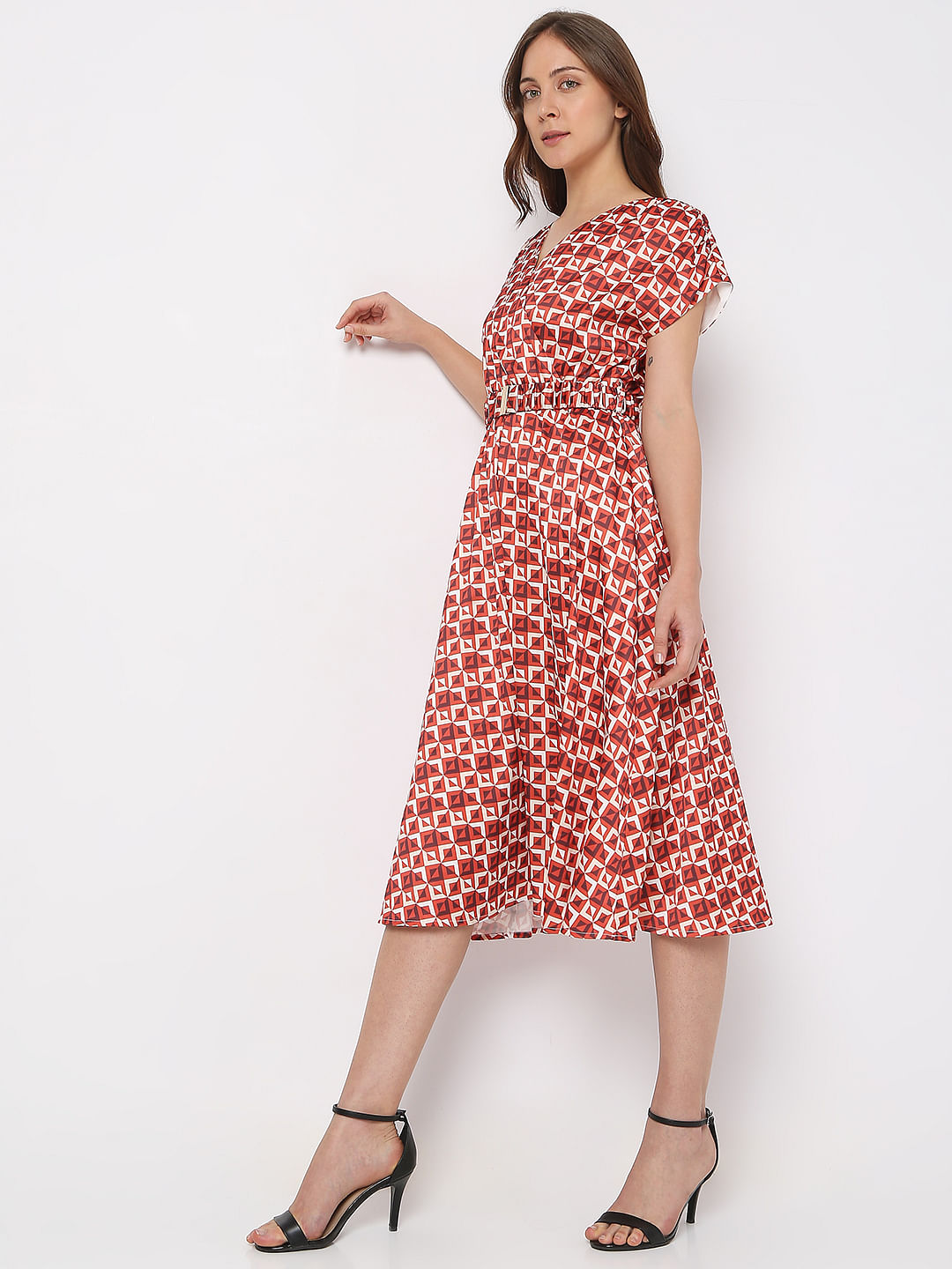 Maroon Printed Midi Dress