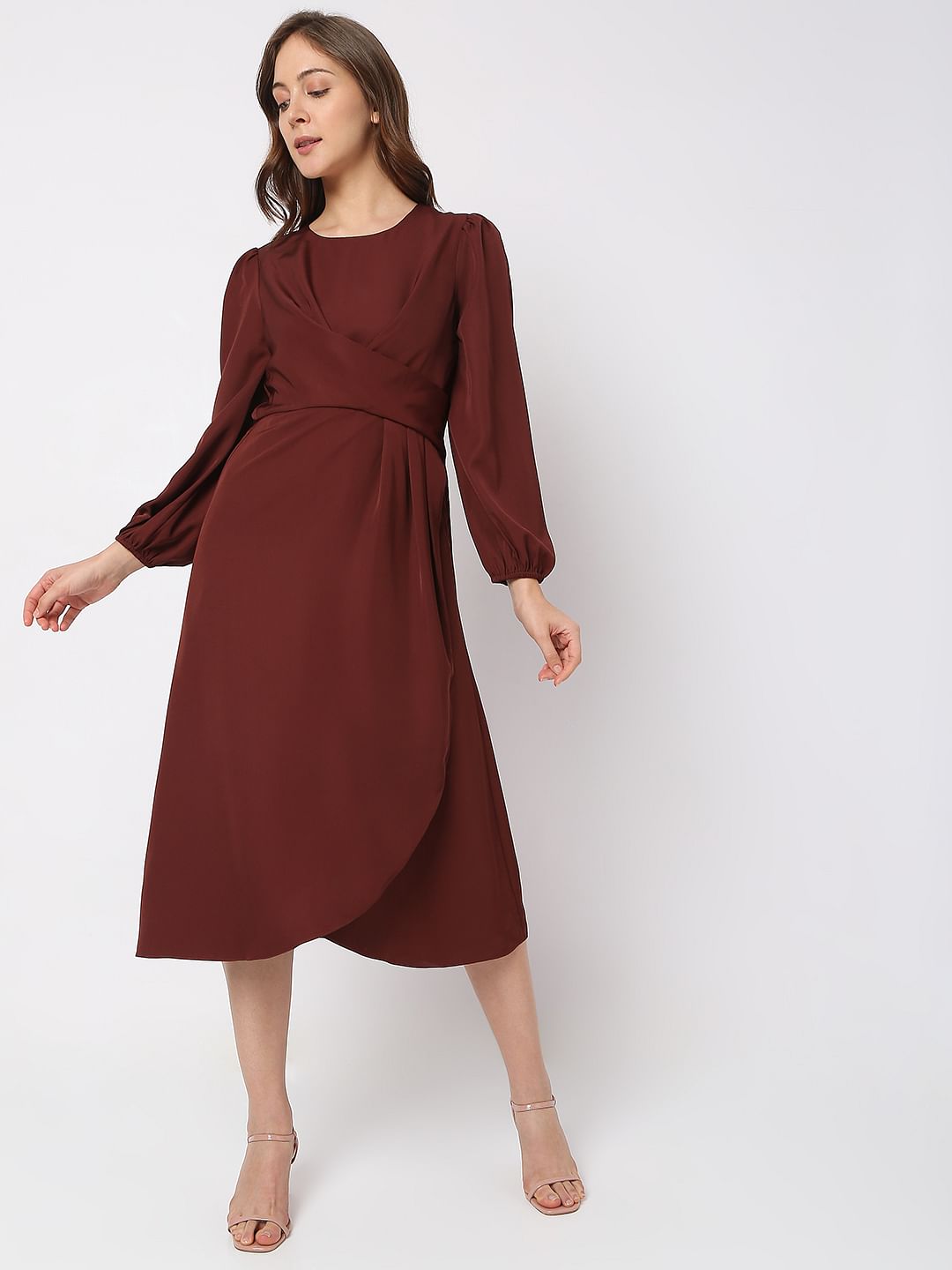 Rust Brown Satin Midi Dress