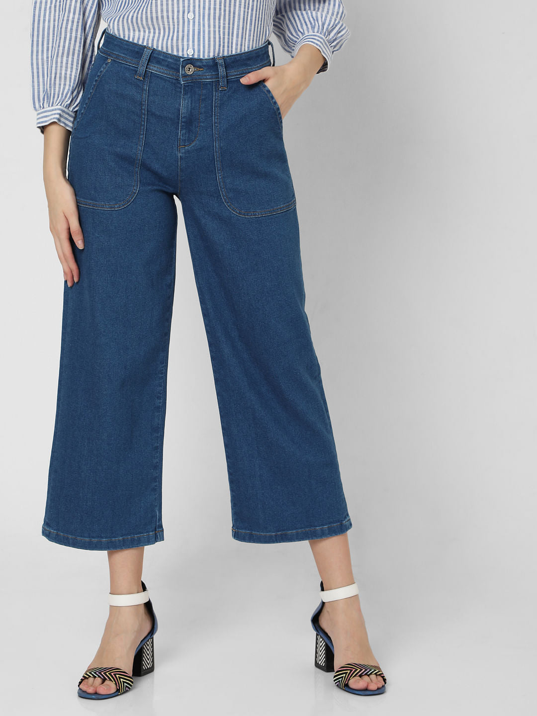 Blue High Rise Patch Pocket Wide Leg Jeans - 26