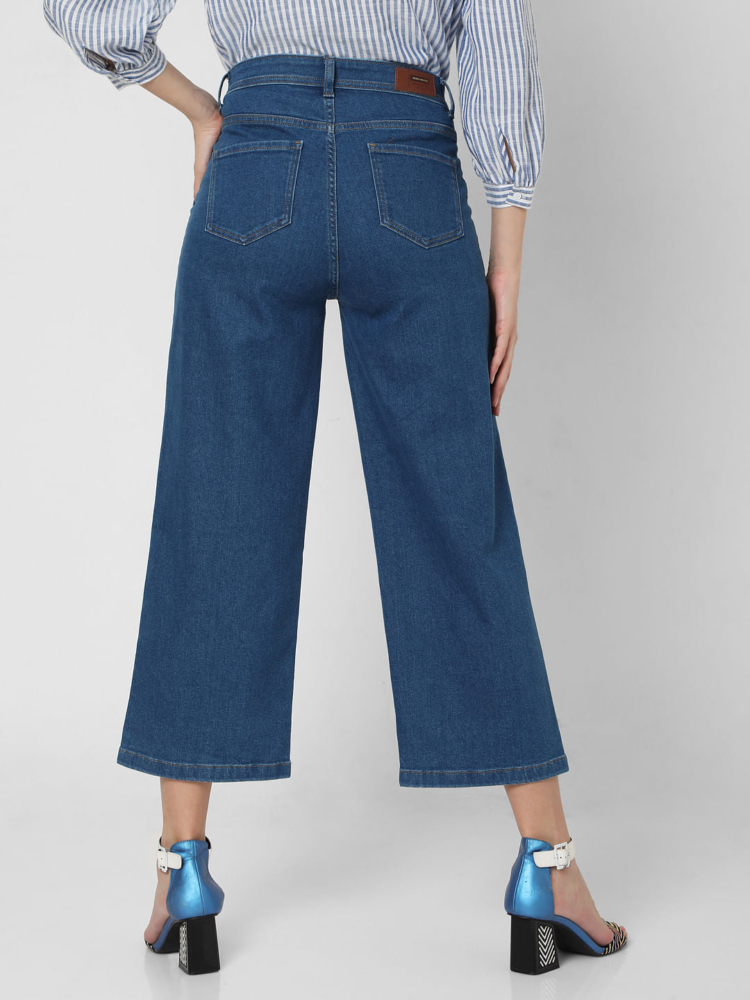 Blue High Rise Patch Pocket Wide Leg Jeans