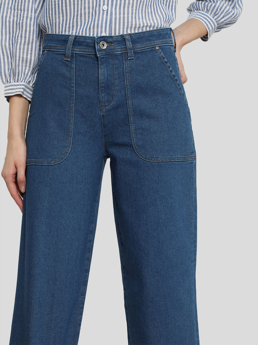 Blue High Rise Patch Pocket Wide Leg Jeans