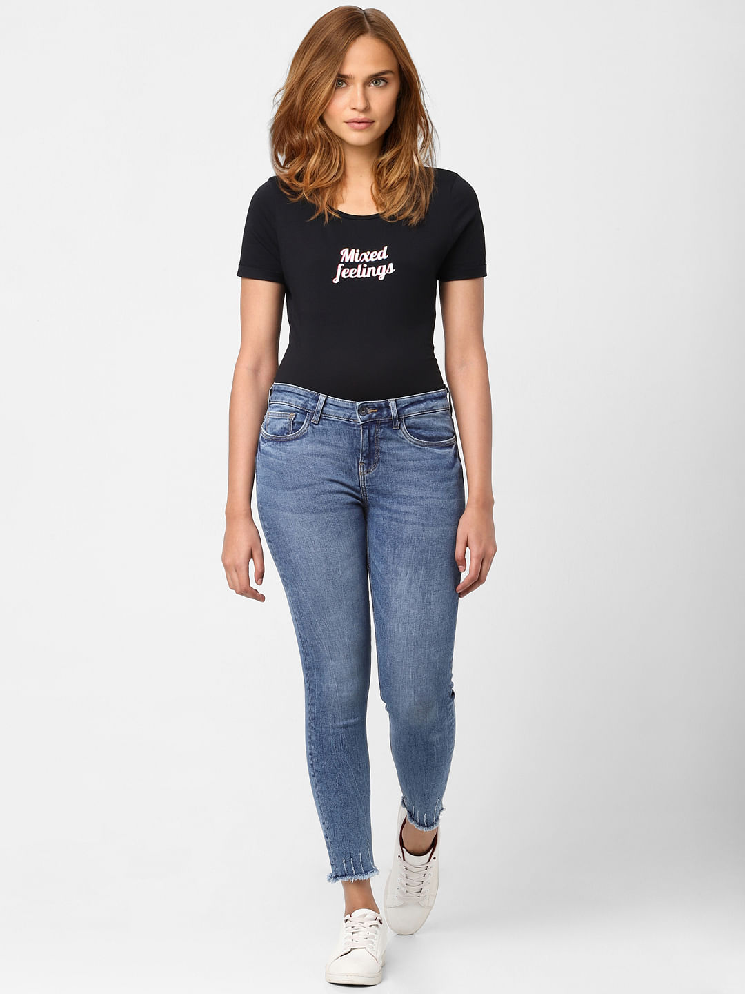 Blue Mid Rise Textured Skinny Jeans