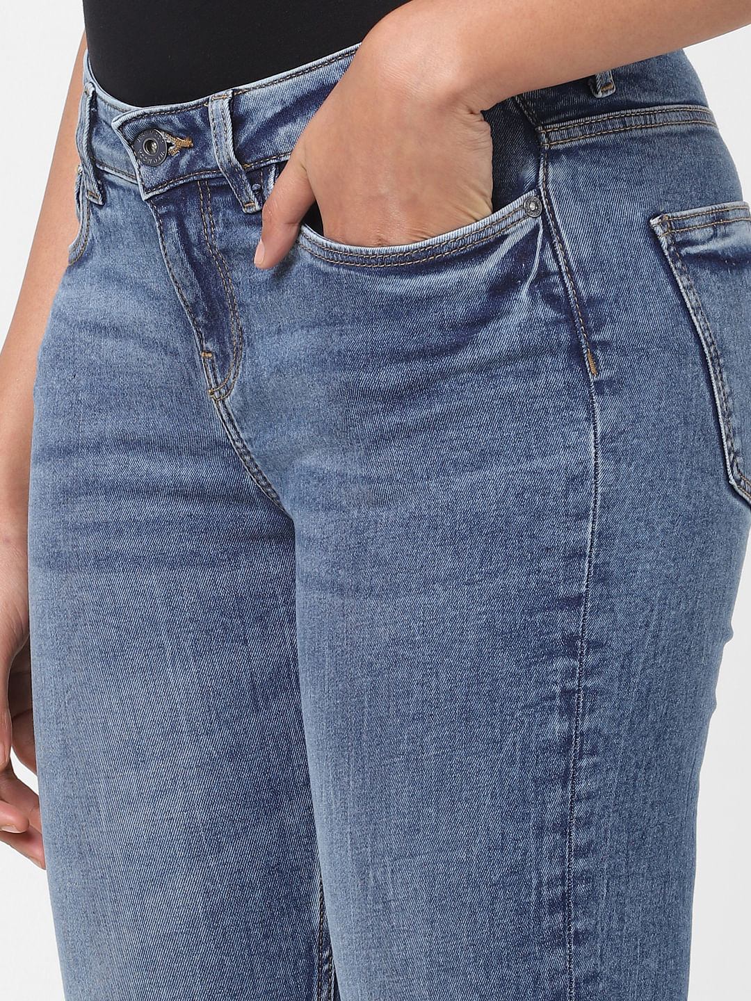 Blue Mid Rise Textured Skinny Jeans