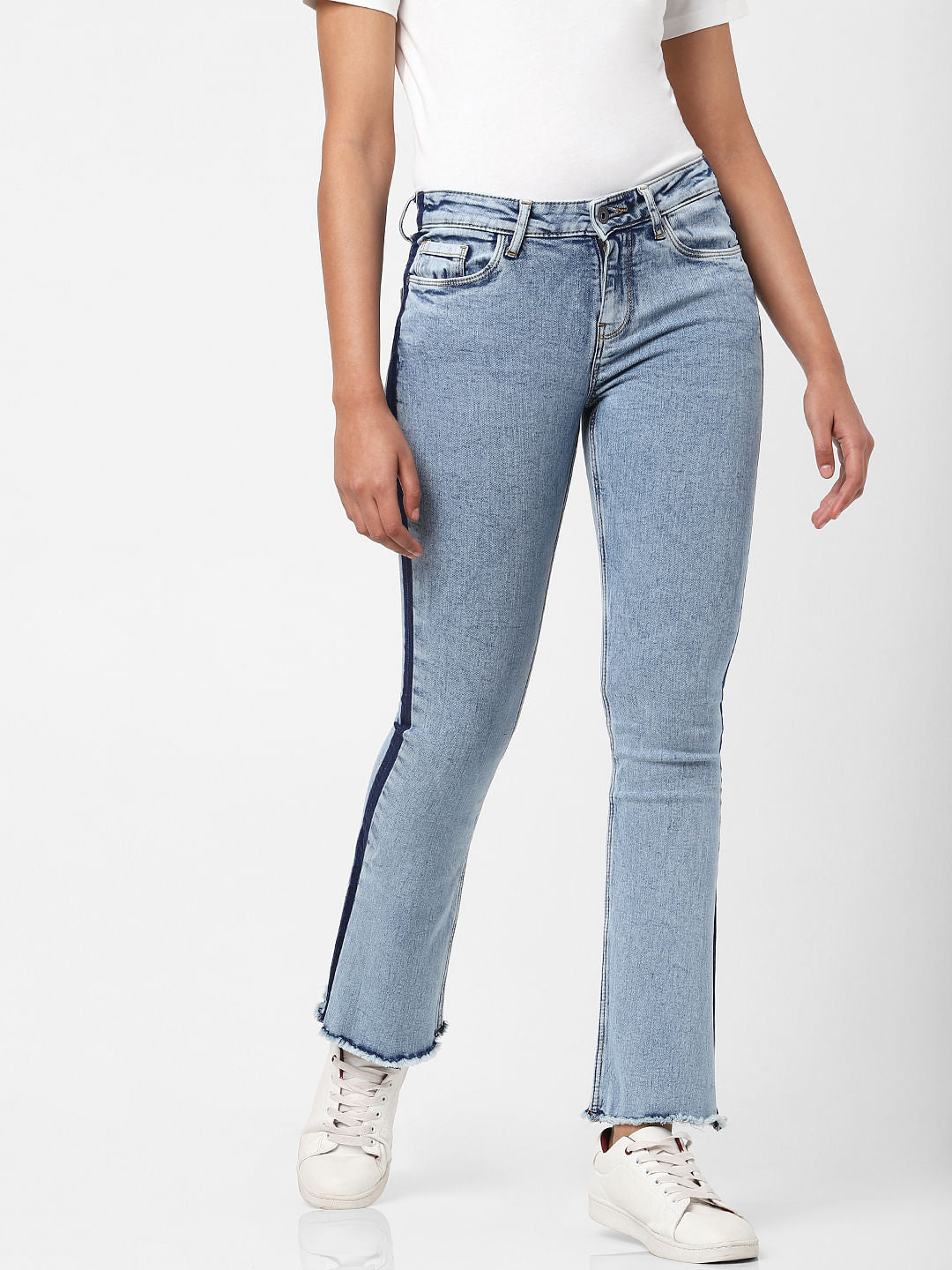 Blue Mid Rise Tape Detail Bootcut Jeans - 26