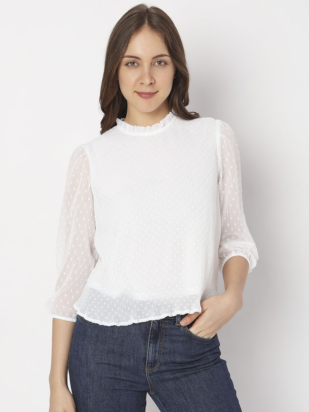 White High Neck Ruffled Top