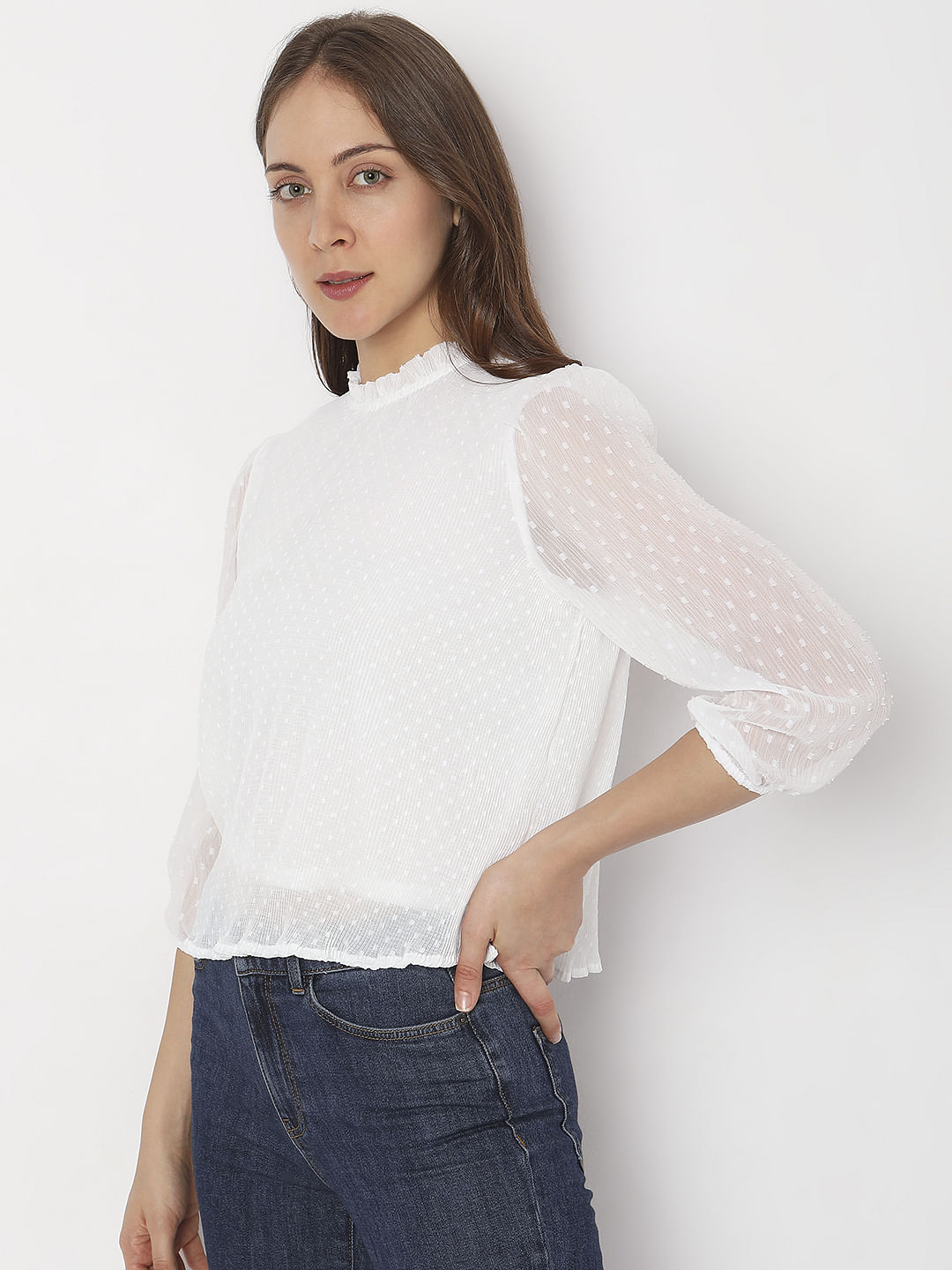 White High Neck Ruffled Top