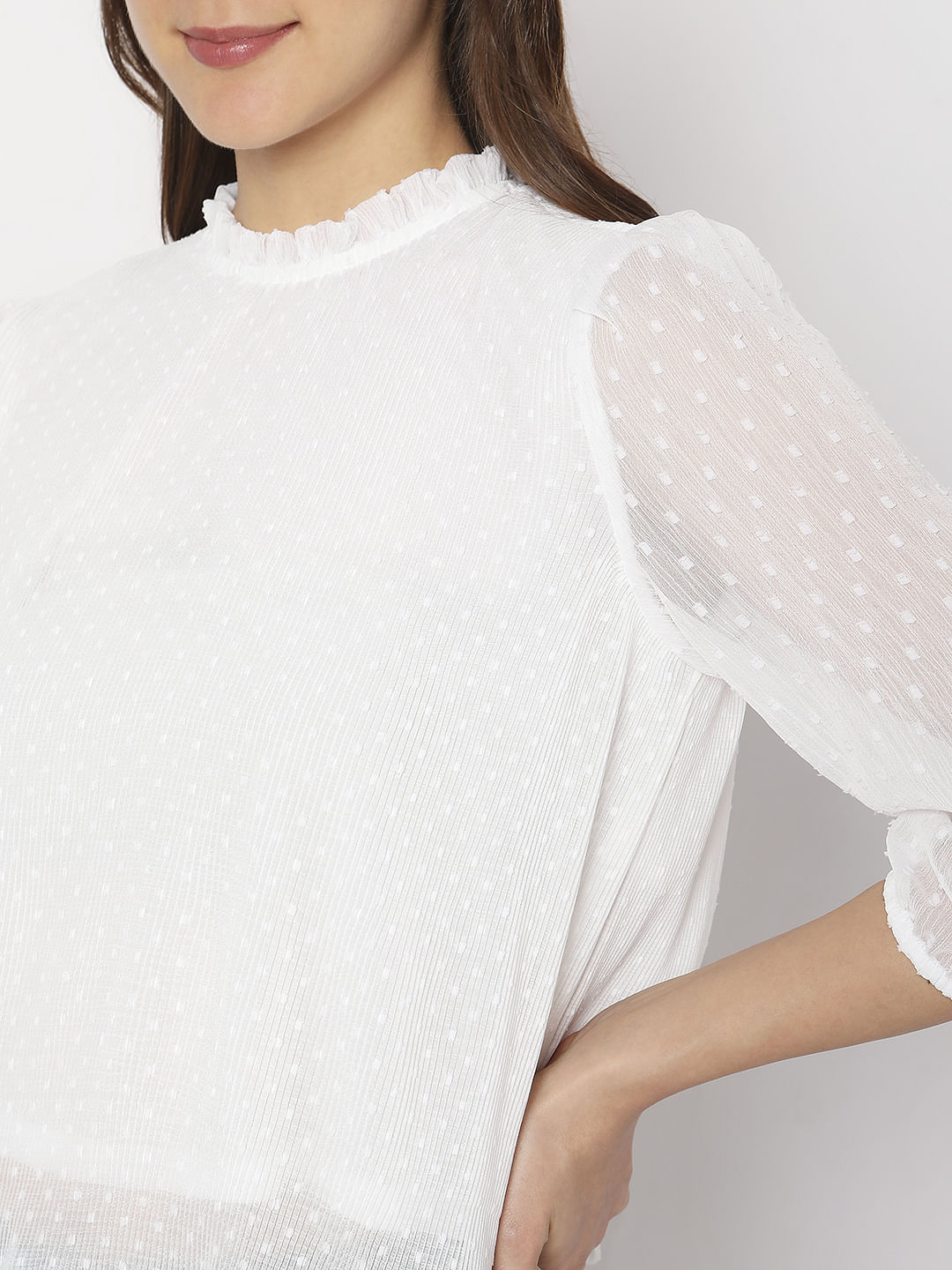 White High Neck Ruffled Top