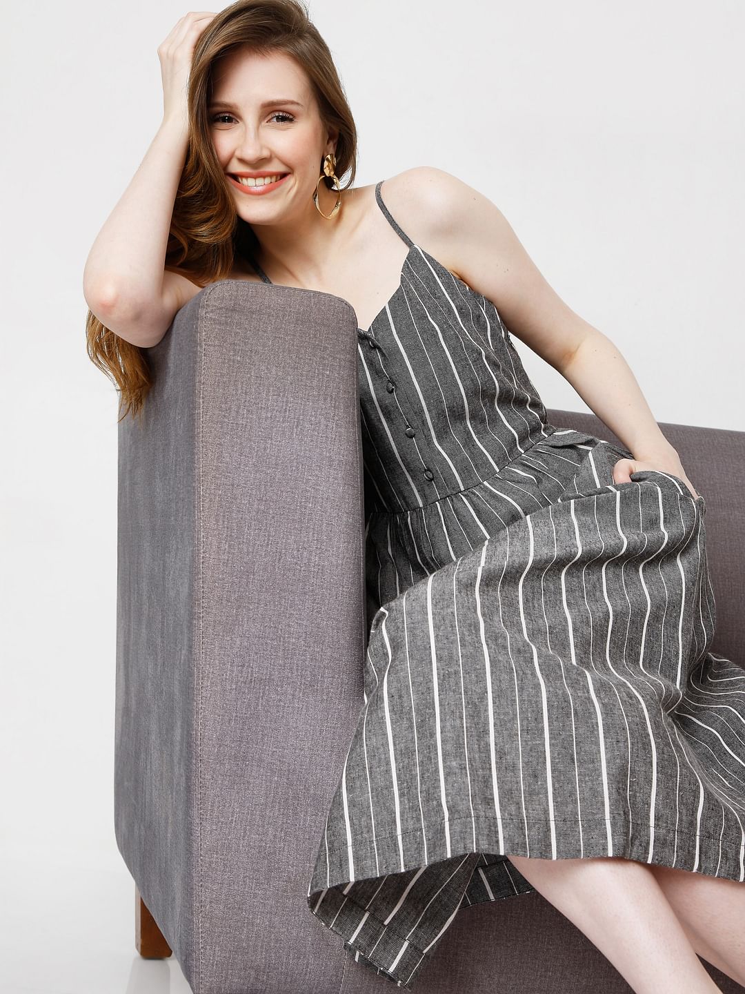 Grey Striped Strappy Dress