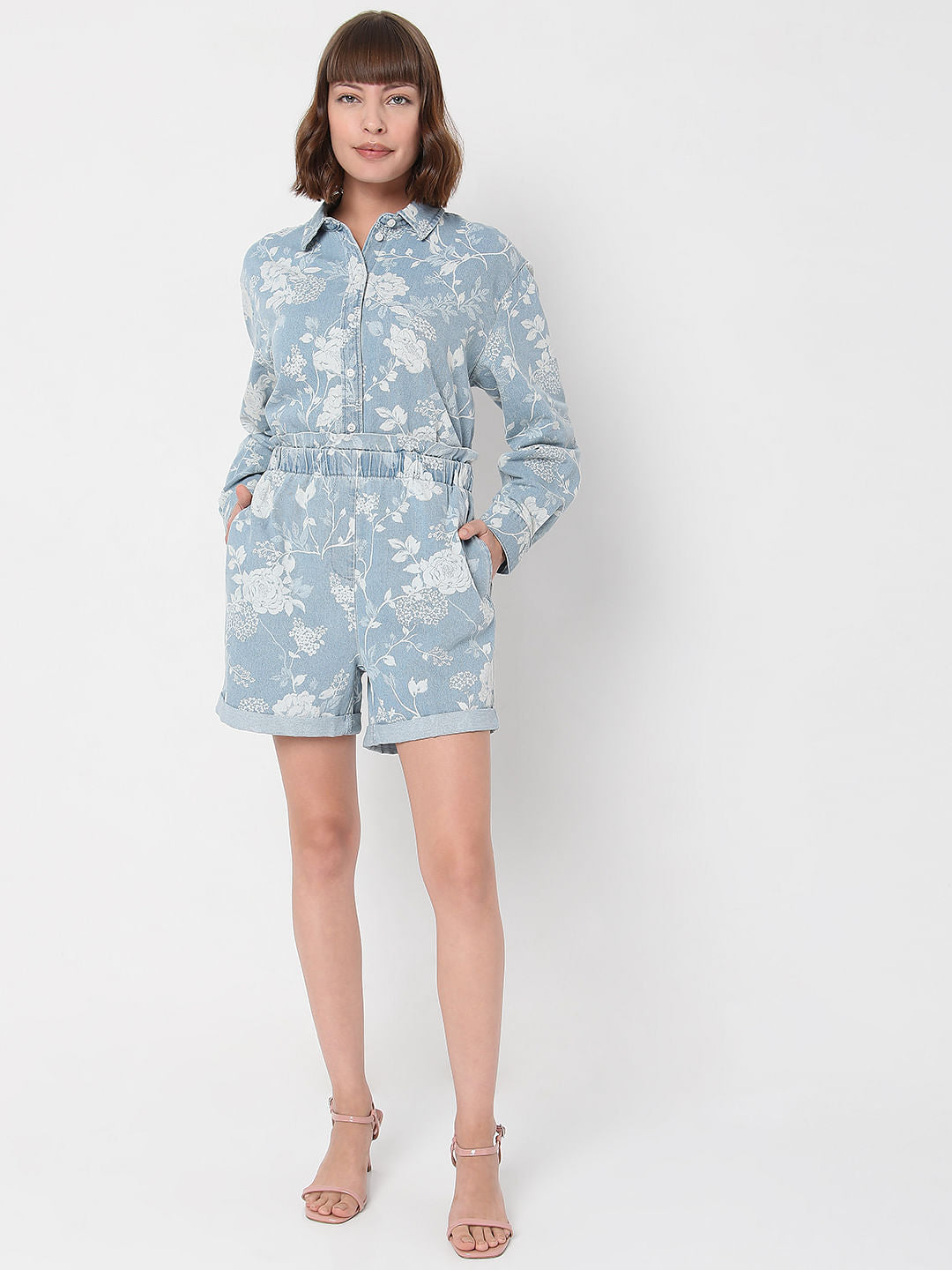 Blue Floral Denim Co-Ord Shorts