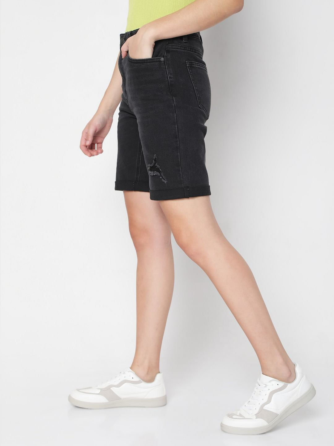 Black Mid Rise Denim Shorts