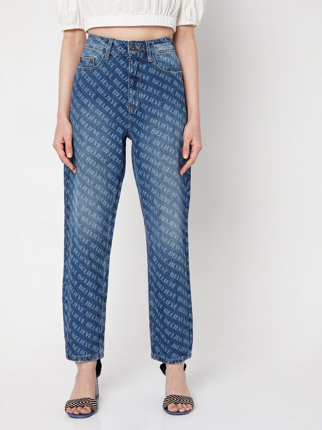 Blue Printed Mom Jeans