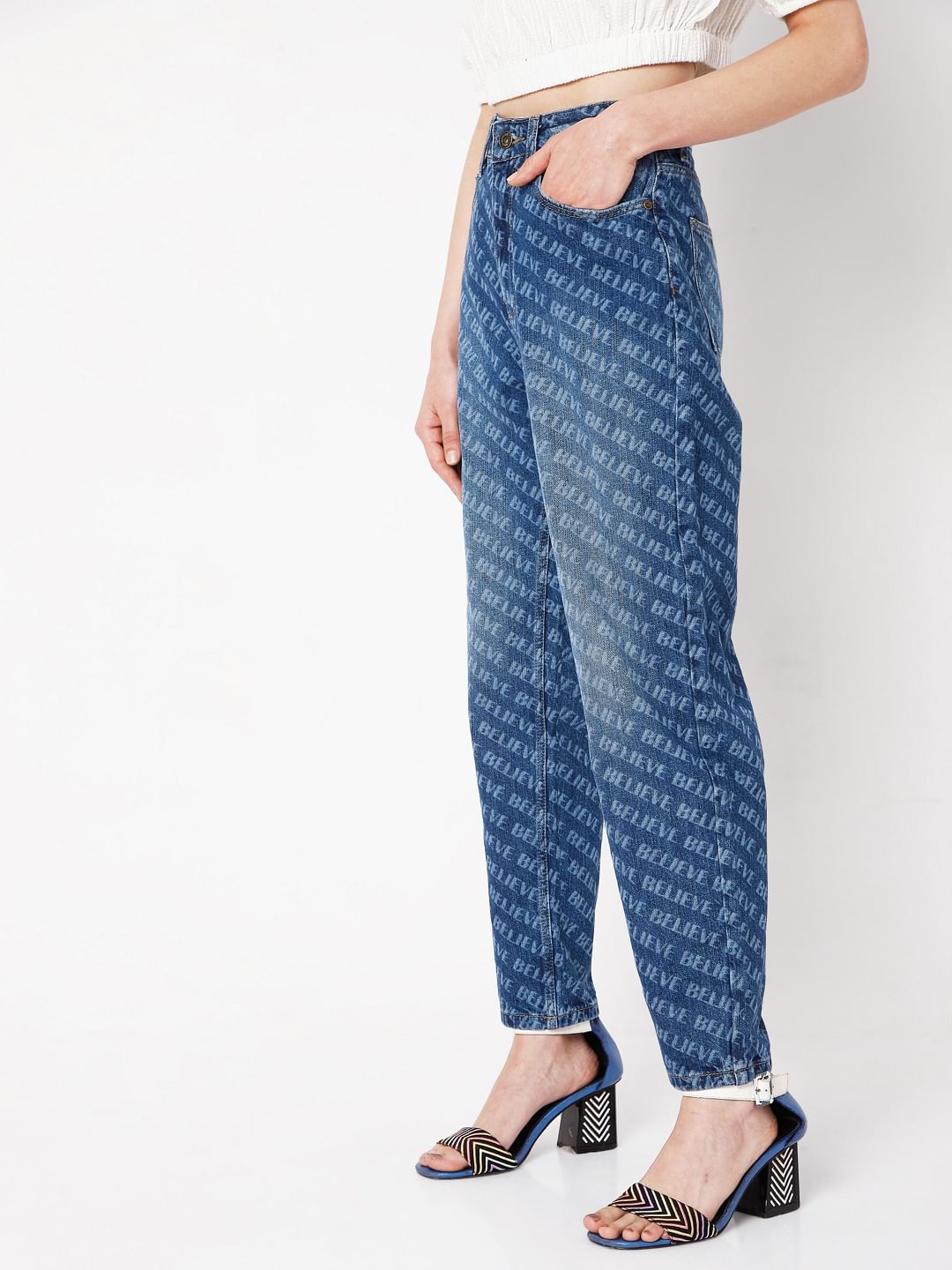 Blue Printed Mom Jeans