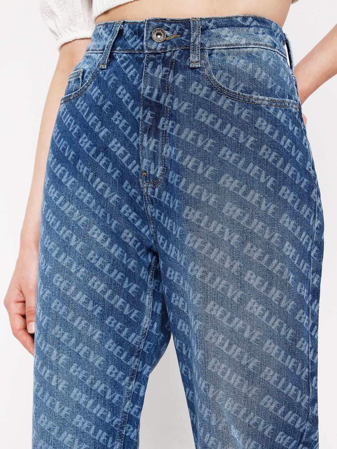 Blue Printed Mom Jeans